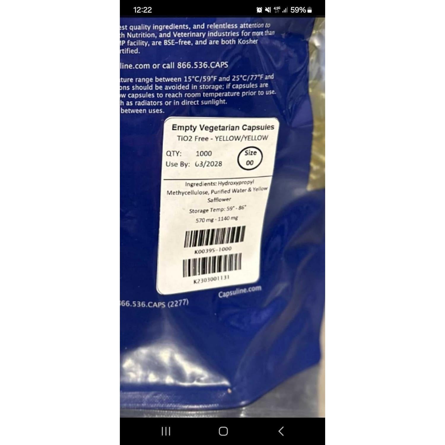 Cápsulas Vacías Veganas Capsuline Tamaño 00 Amarillo 1000 Unidades