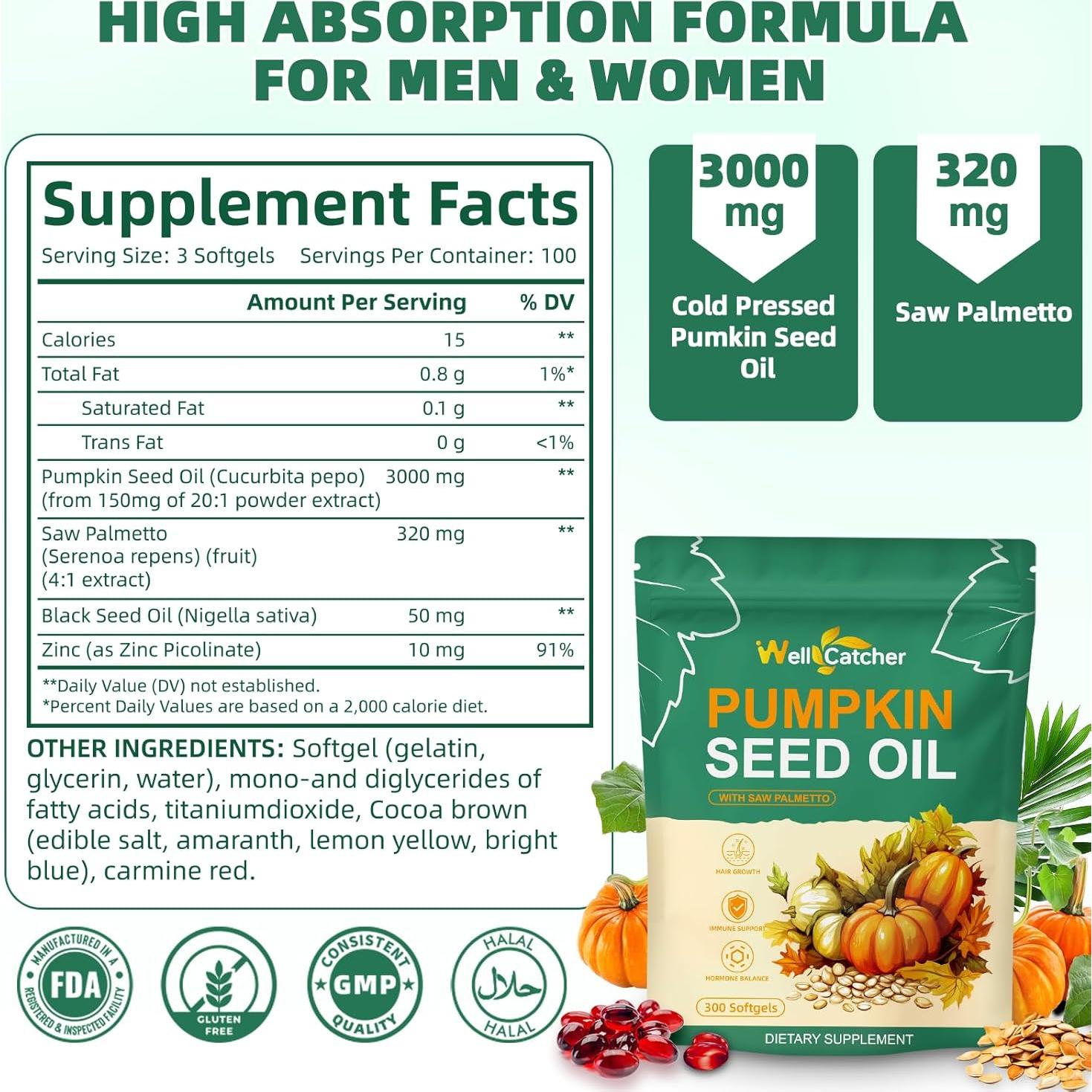 Aceite de Semilla de Calabaza Orgánico Wellcatcher 3000mg 100 Cápsulas