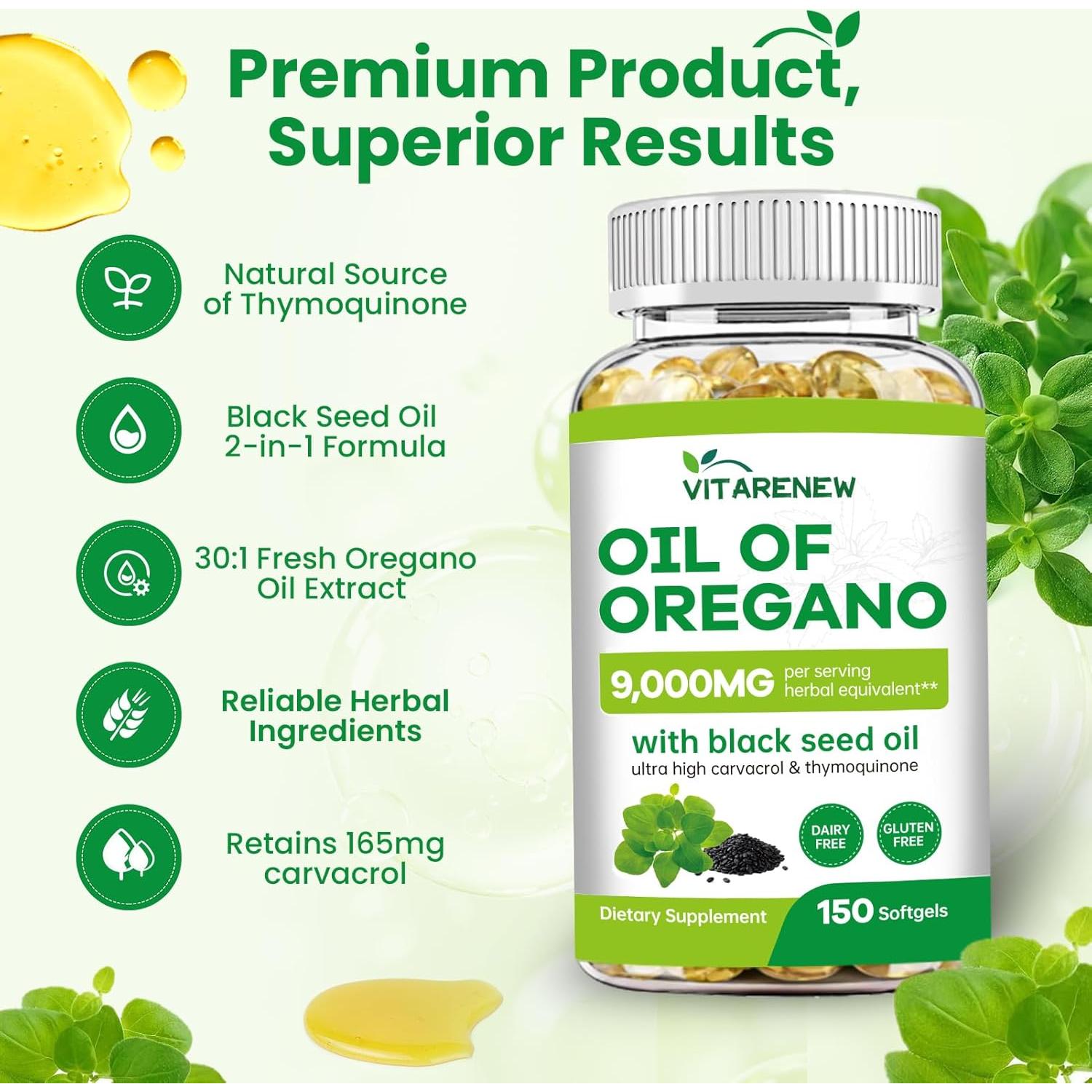 Aceite de Orégano y Semilla Negra VITARENEW 150 Gelatinas