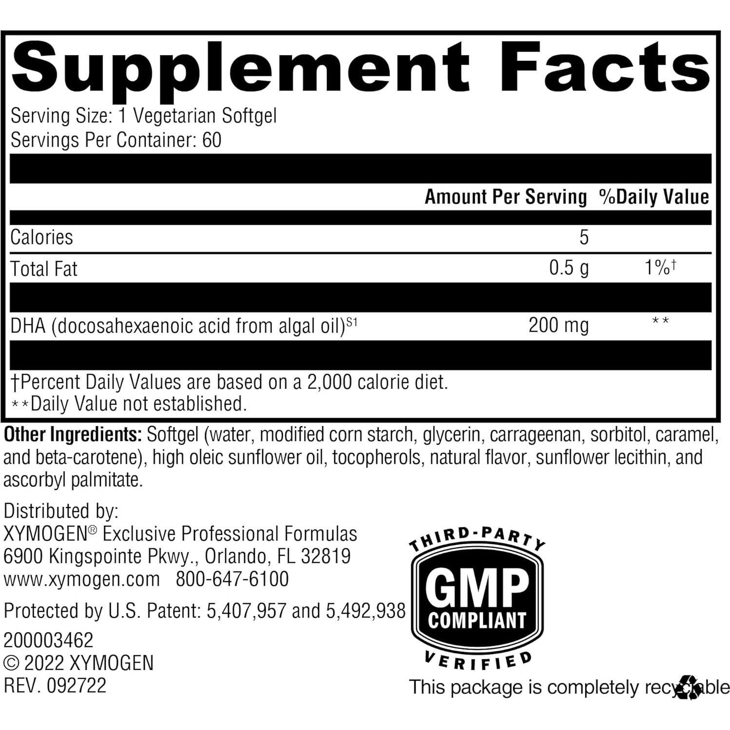 Suplemento DHA de Algas Xymogen 60 Gelatinas Blandas