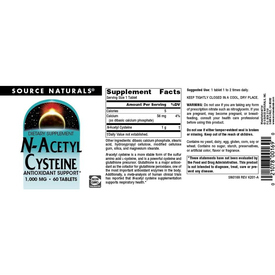 Suplemento Antioxidante N-Acetil Cisteína 1000 mg Source Naturals - 60 Tabletas