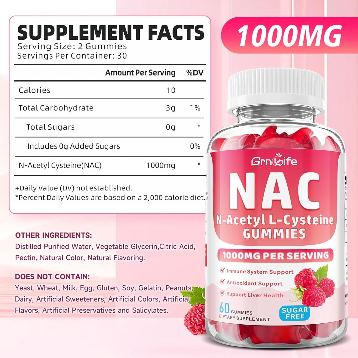 Gomitas NAC GrnLife 1000mg Antioxidantes Sabor Frambuesa 60u