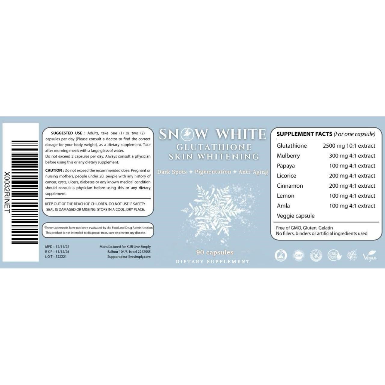 Píldoras Blanqueadoras de Piel KUR Live Simply - 90 Cápsulas Naturales