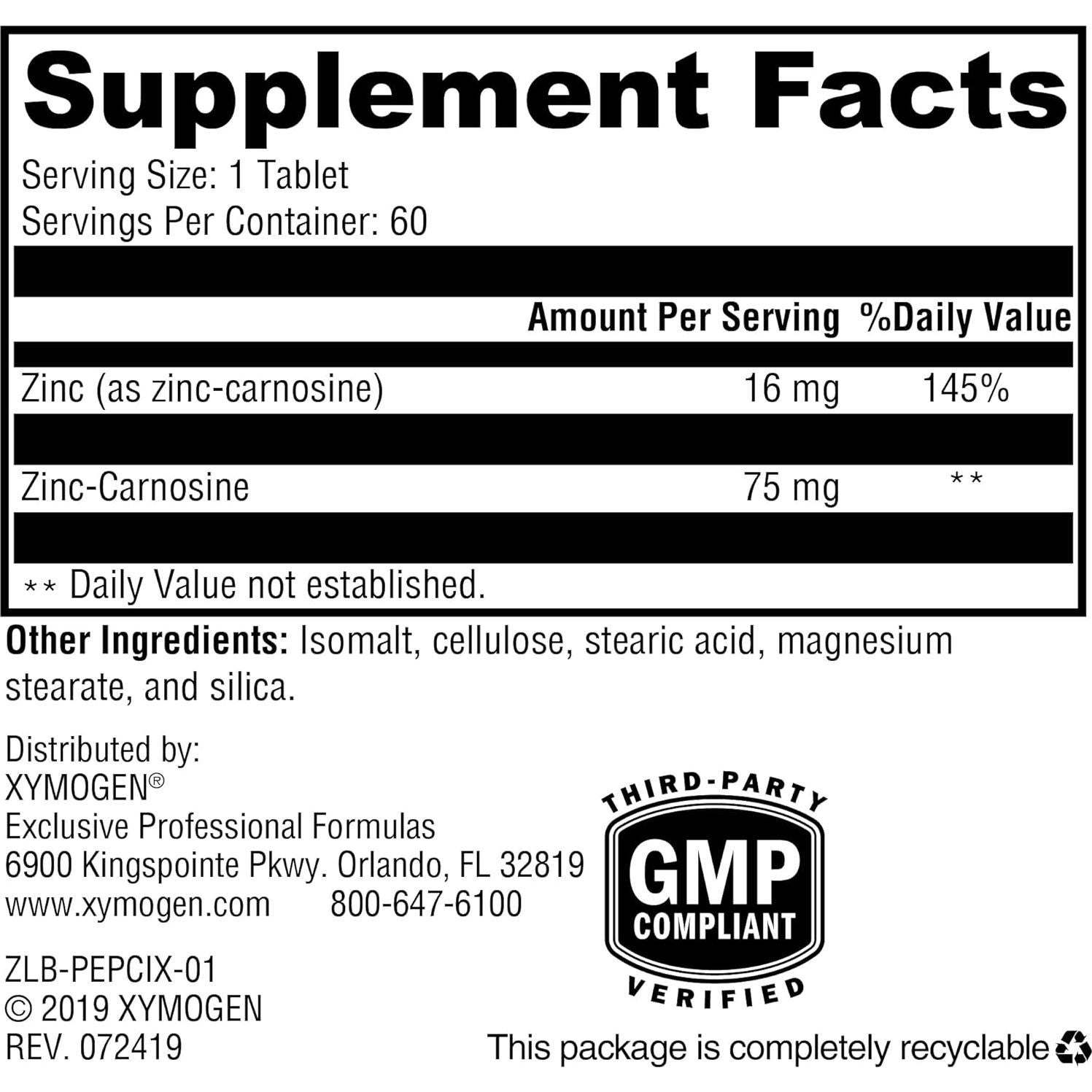 Suplemento de Zinc L-Carnosina Xymogen 60 Tabletas