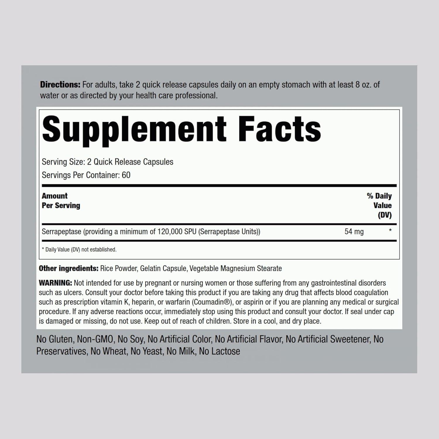 Serrapeptasa Piping Rock 120000 SPU 120 Cápsulas Rápidas