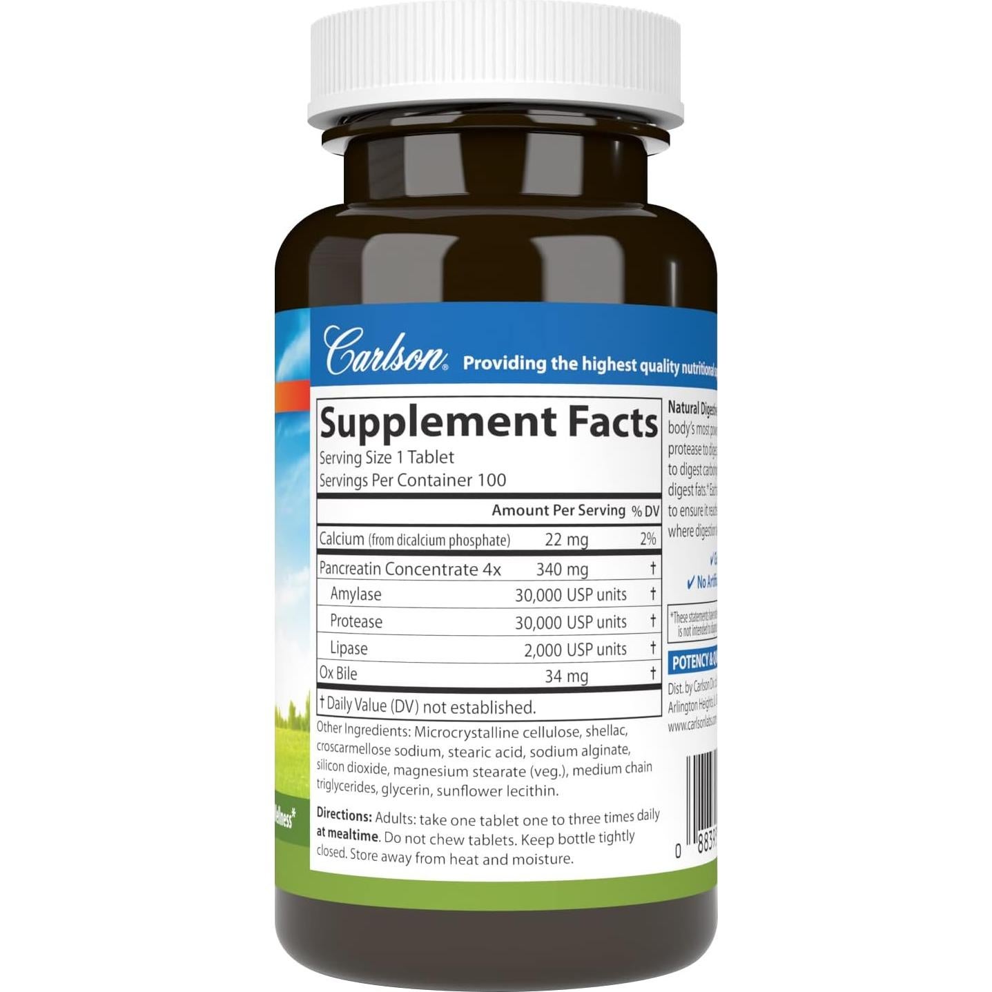 Enzimas Digestivas Naturales Carlson 100 Tabletas  Proteasa Amilasa Lipasa