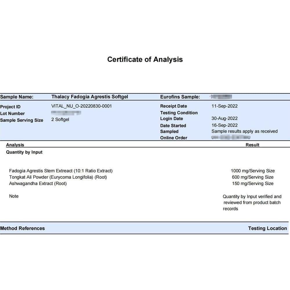 Suplemento Fadogia Agrestis 1600mg Thalacy con Ashwagandha 120 Cápsulas