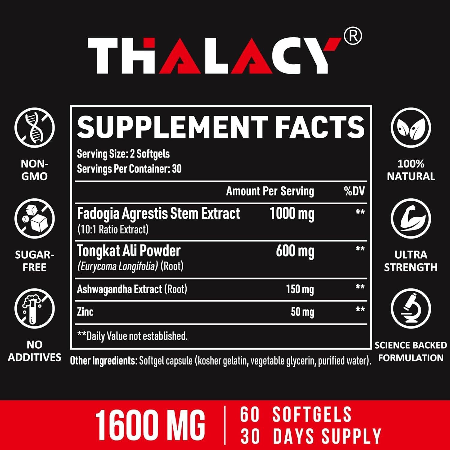 Suplemento Fadogia Agrestis 1600mg Thalacy con Ashwagandha 120 Cápsulas