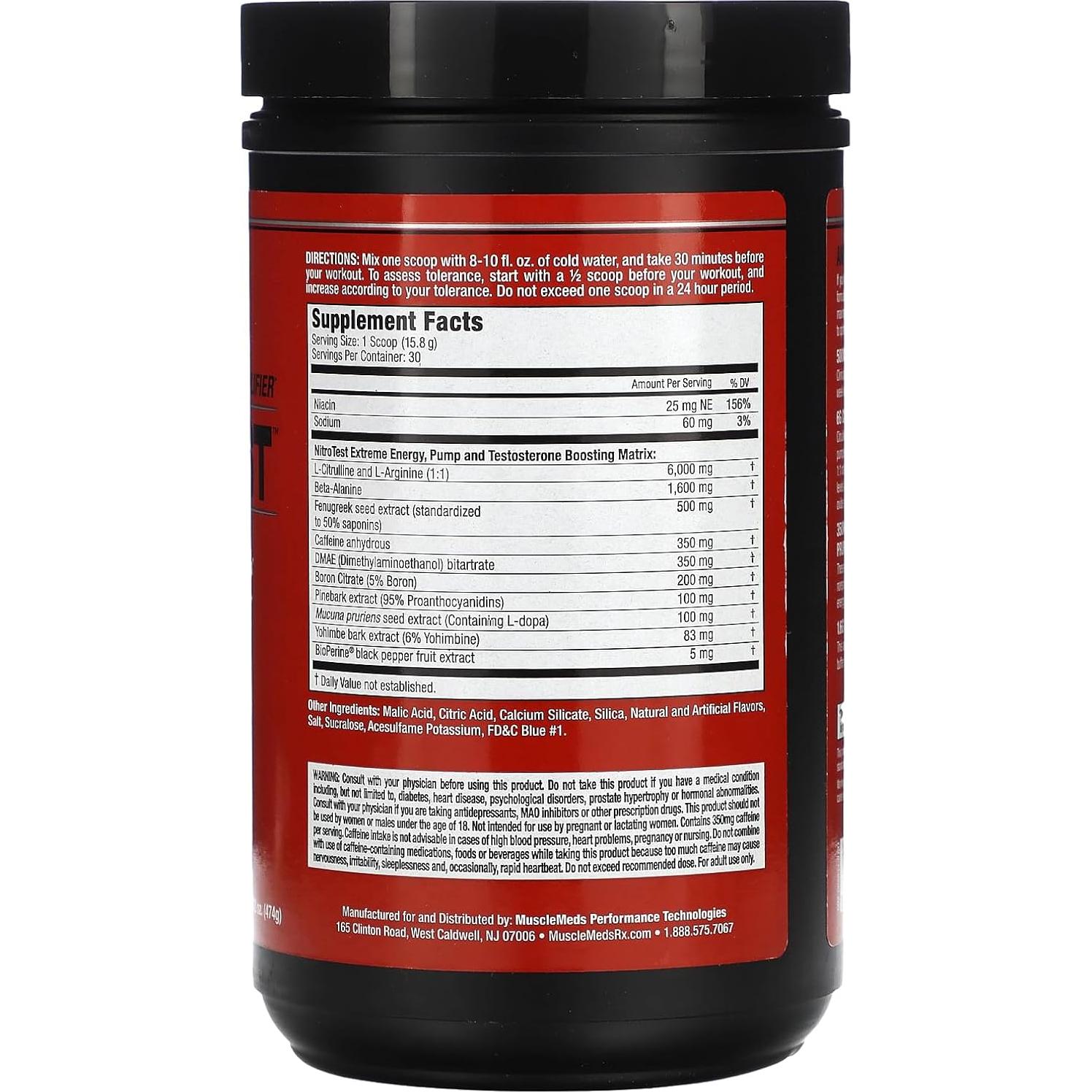MuscleMeds Nitrotest Suplemento Pre-Entrenamiento Frambuesa Azul 30 Porciones