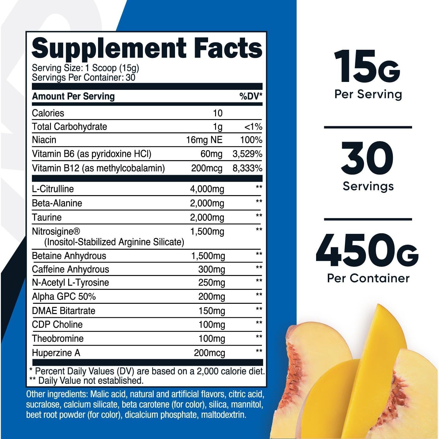 Nutricost Pre-Entrenamiento en Polvo Durazno Mango 453g