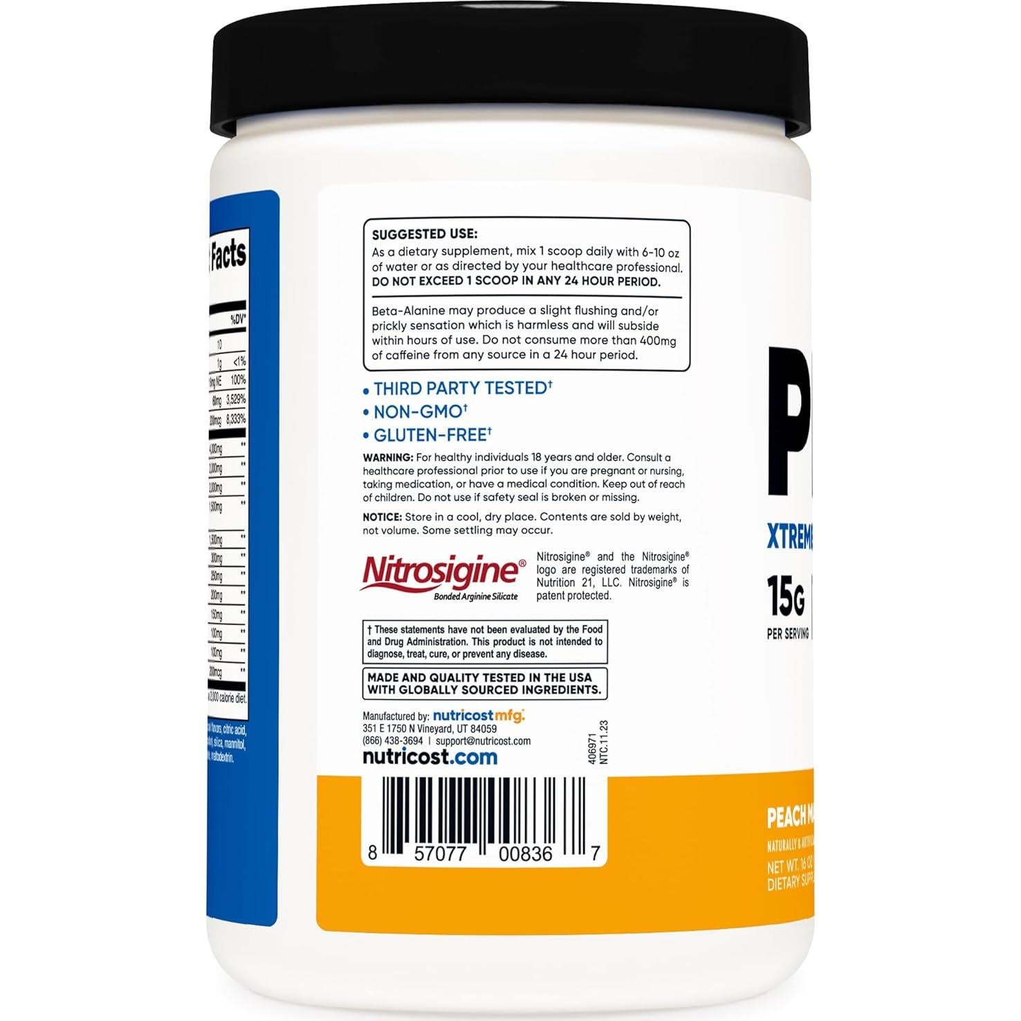Nutricost Pre-Entrenamiento en Polvo Durazno Mango 453g