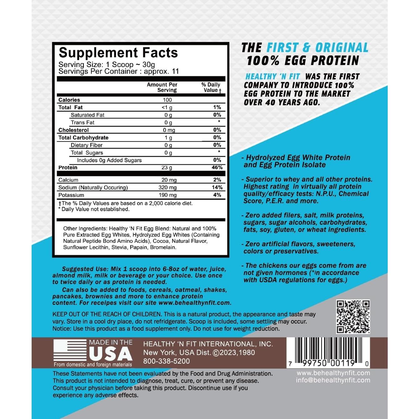 Proteína de Huevo 100% Healthy 'N Fit - Chocolate 340g, Sin Carbohidratos