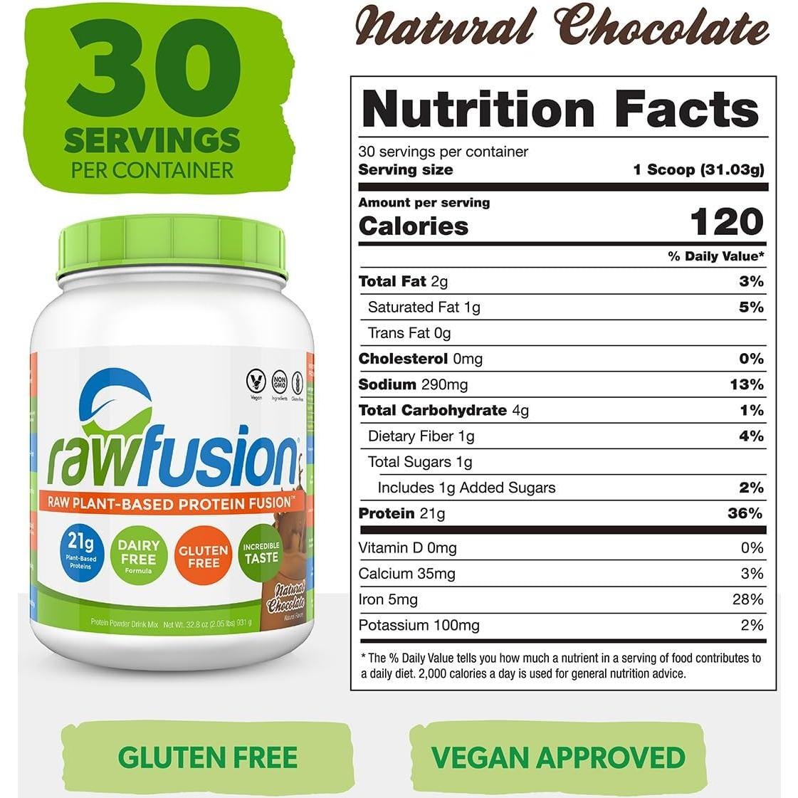 Rawfusion Proteína Vegana Chocolate Natural 0.91kg 21g Proteína