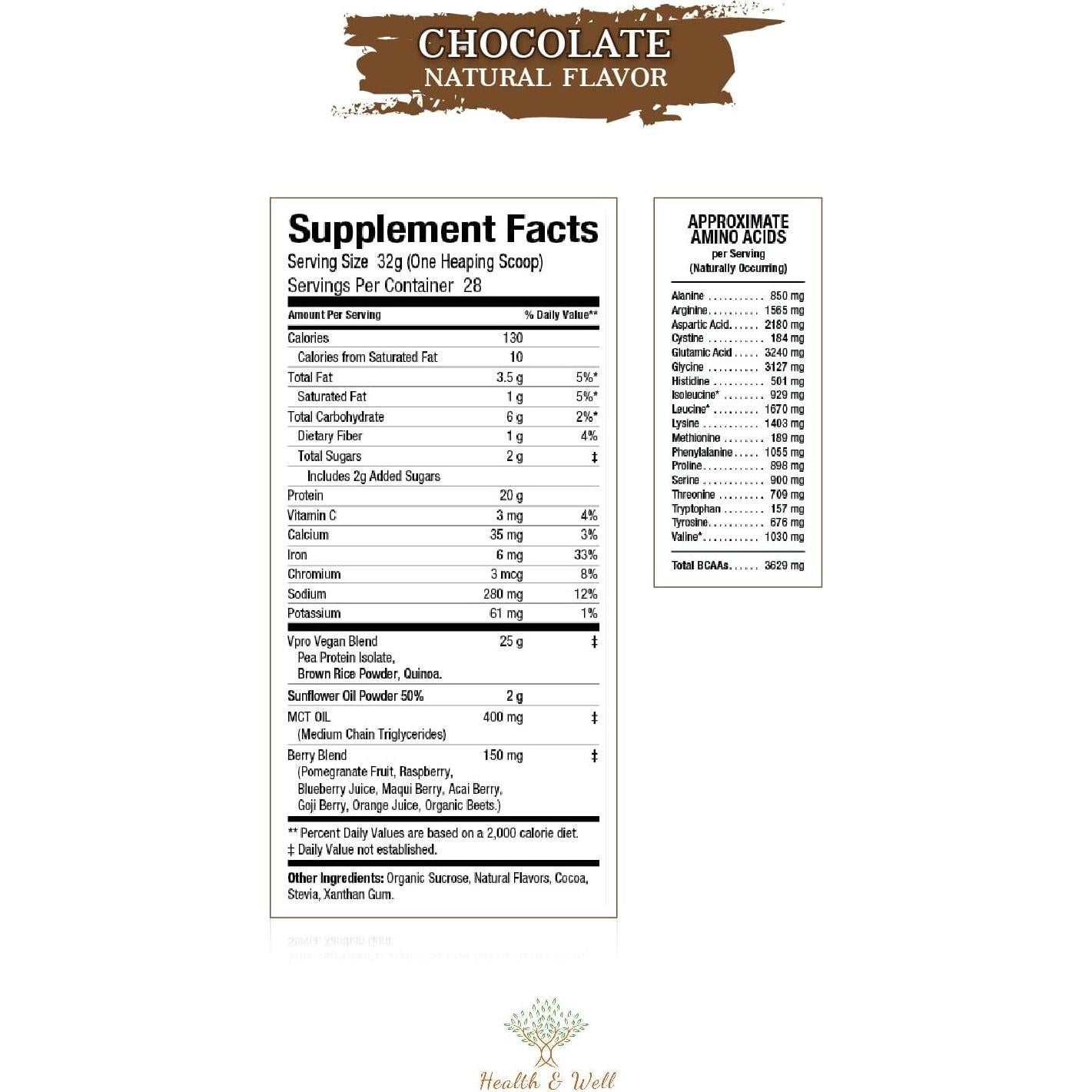 Proteína en Polvo Vegana Health & Well 0.91kg Chocolate