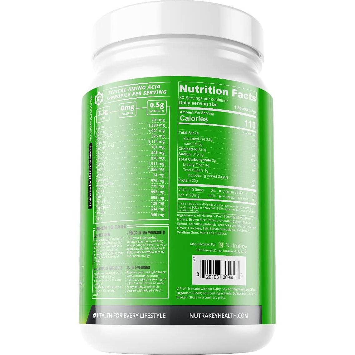 NutraKey V-Pro Proteína Vegetal Cruda 0.91kg Vainilla Orgánica