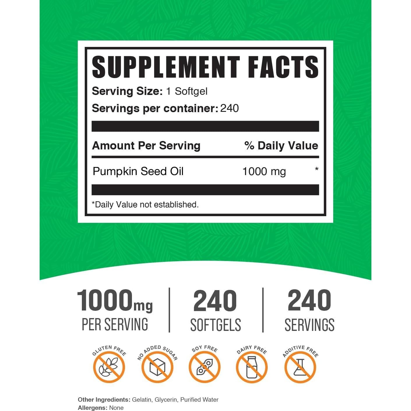 Suplemento de Aceite de Semilla de Calabaza BulkSupplements 1000mg 240 Softgels
