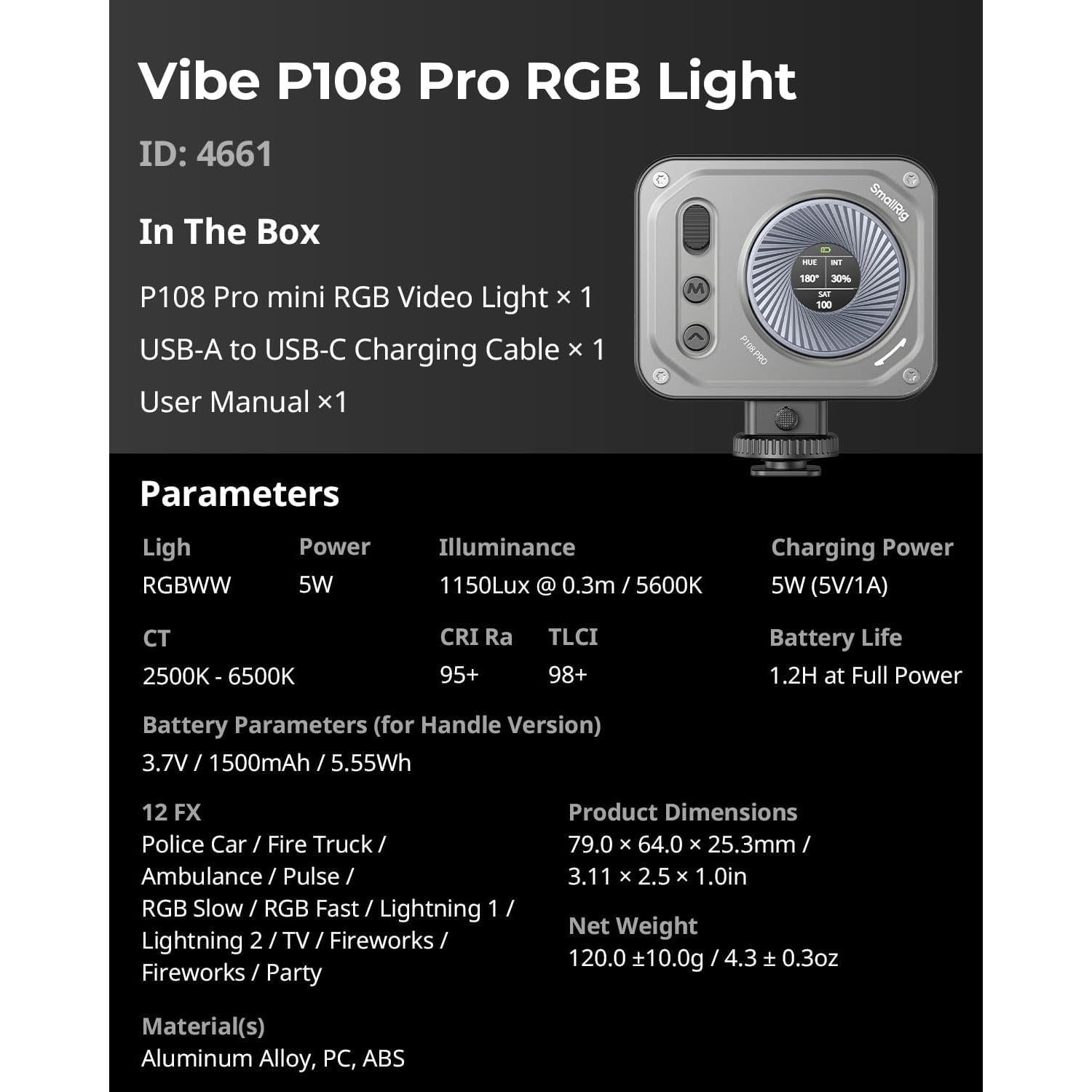 Luz LED RGB SmallRig Vibe P108 Pro 2500-6500K 12 Efectos