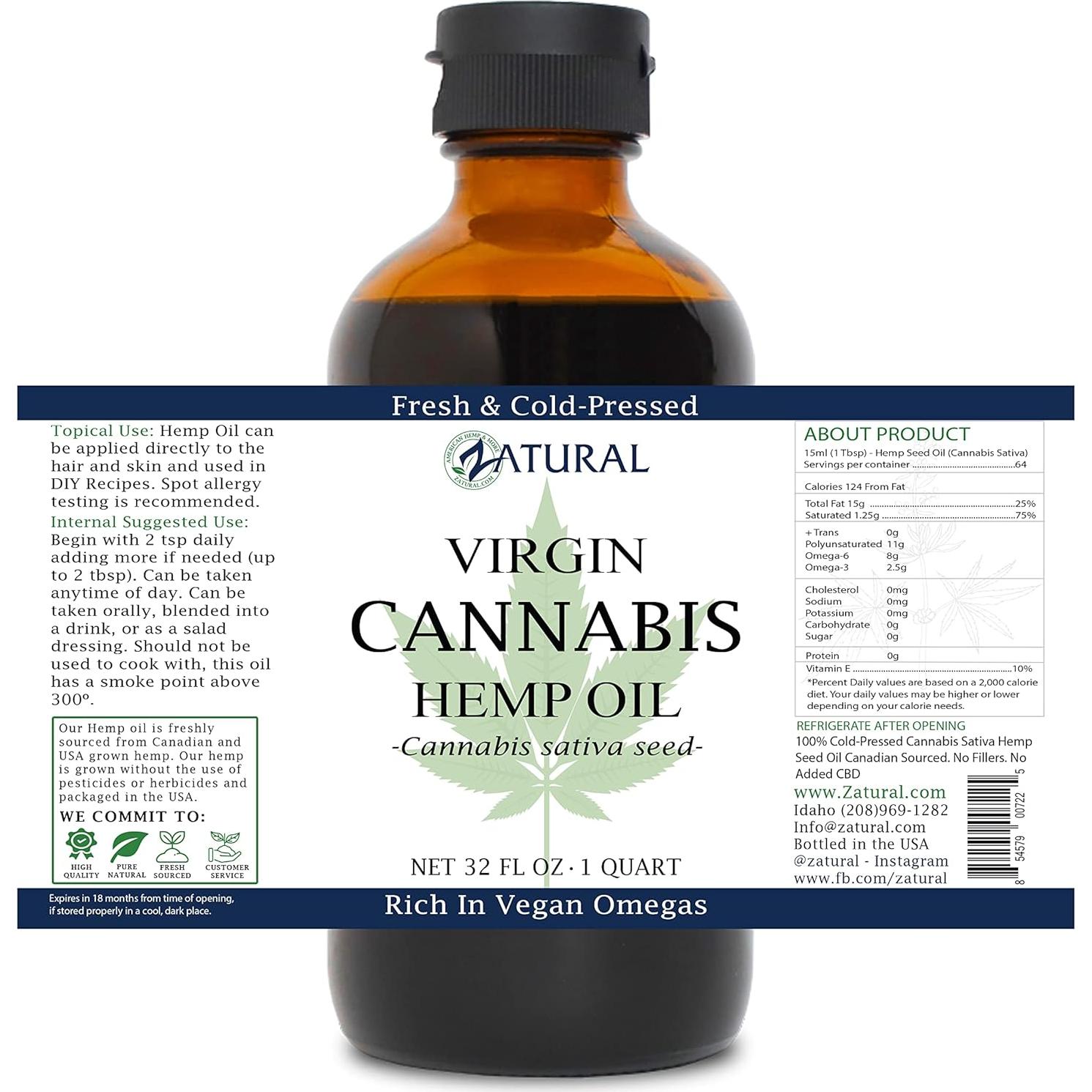 Aceite de Cañamo Zatural 227ml 100% Puro Prensado en Frío