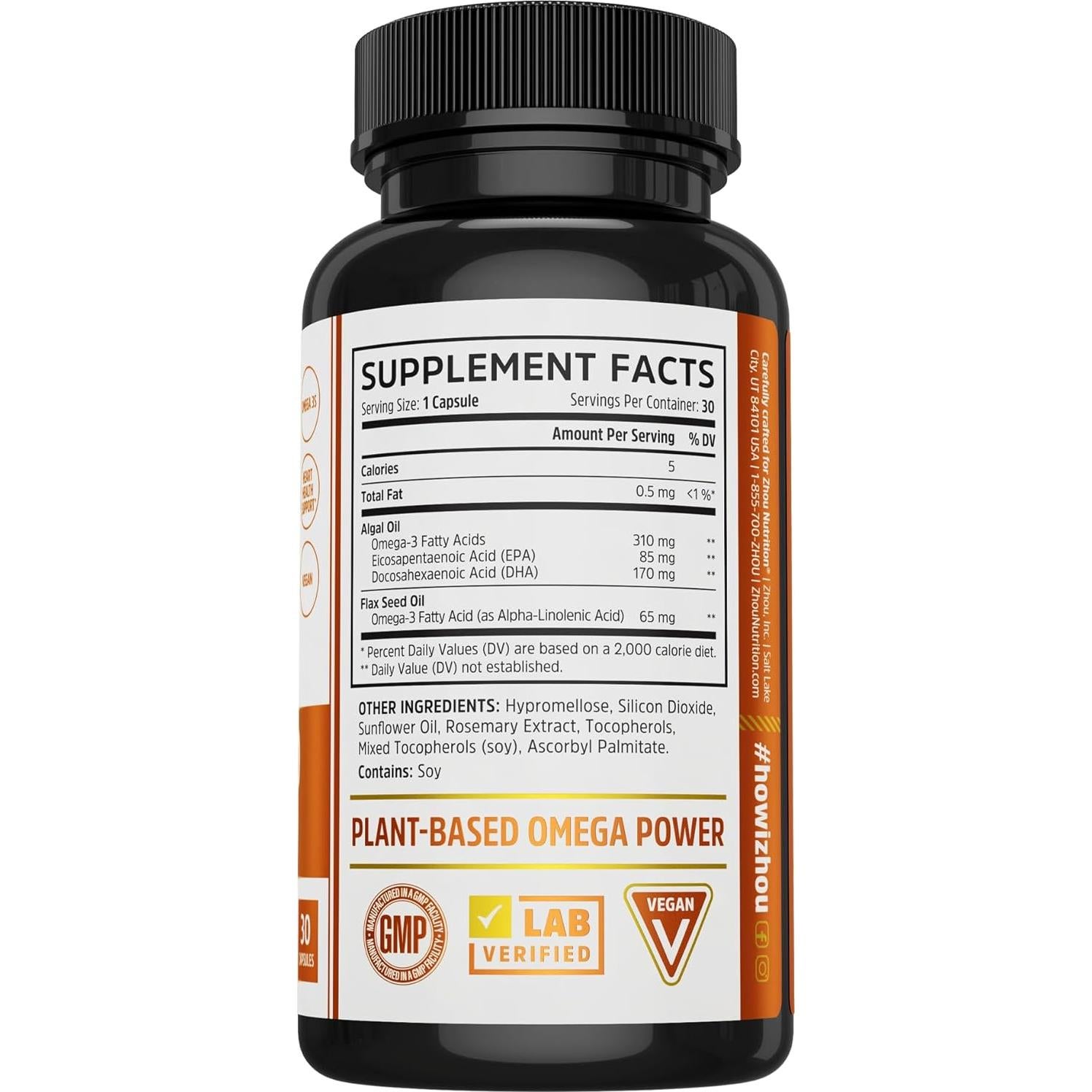 Suplemento Vegano Omega 3 Zhou - 30 Cápsulas de Algas EPA DHA