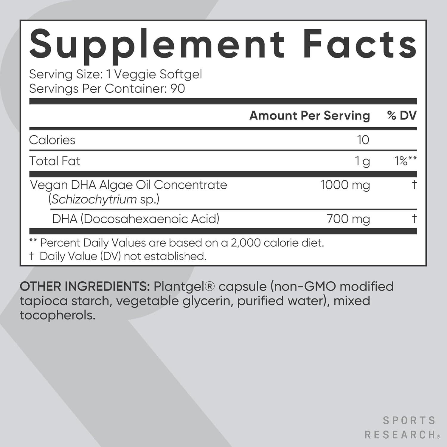 Suplemento Prenatal DHA Vegano Sports Research 700mg 90 Cápsulas