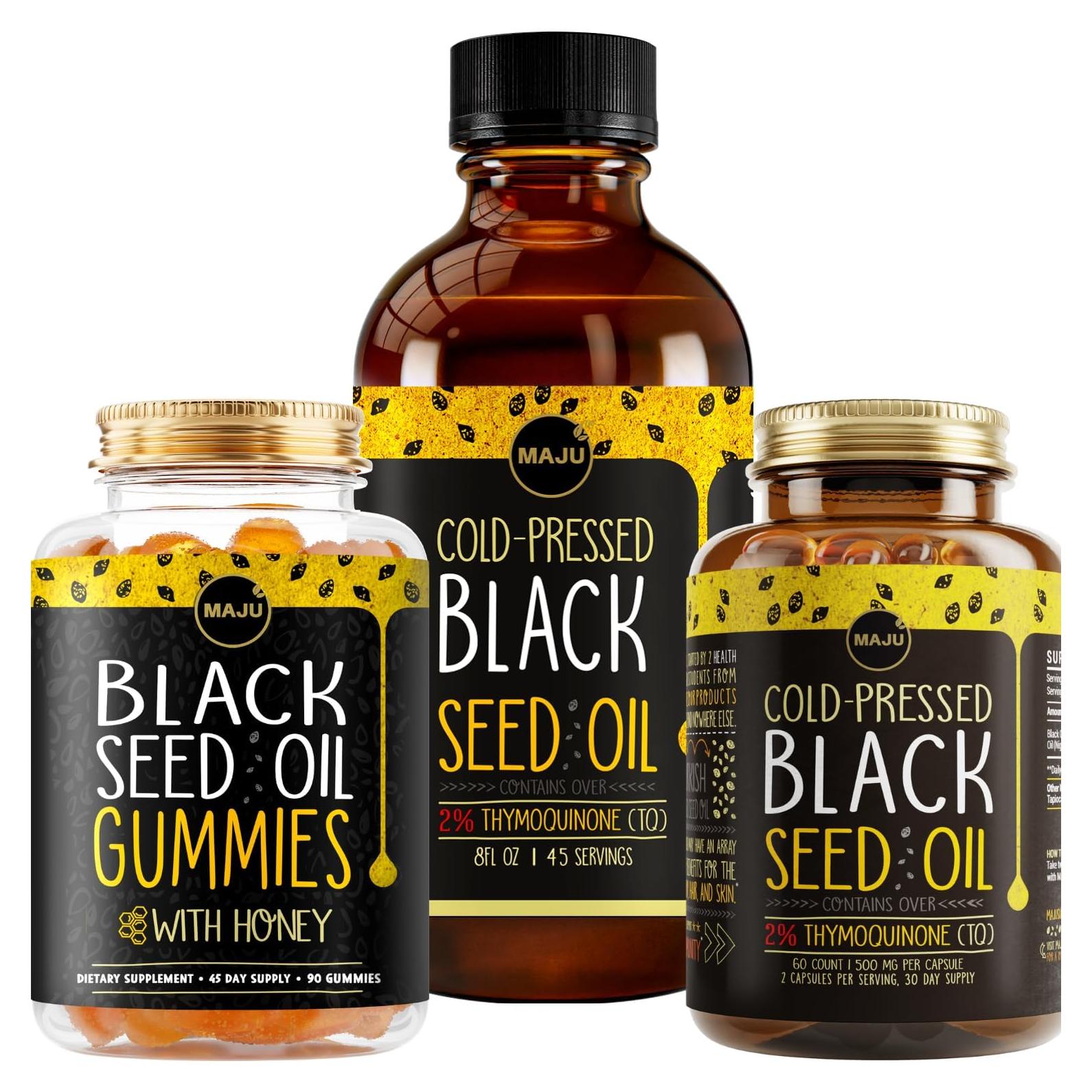 Paquete 3 en 1 Aceite de Semilla Negra Maju - Gominolas, Cápsulas y Líquido