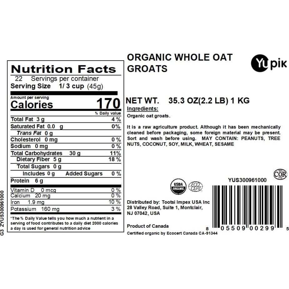 Avena Integral Orgánica Yupik 1 kg, Sin OGM, Vegana, Kosher