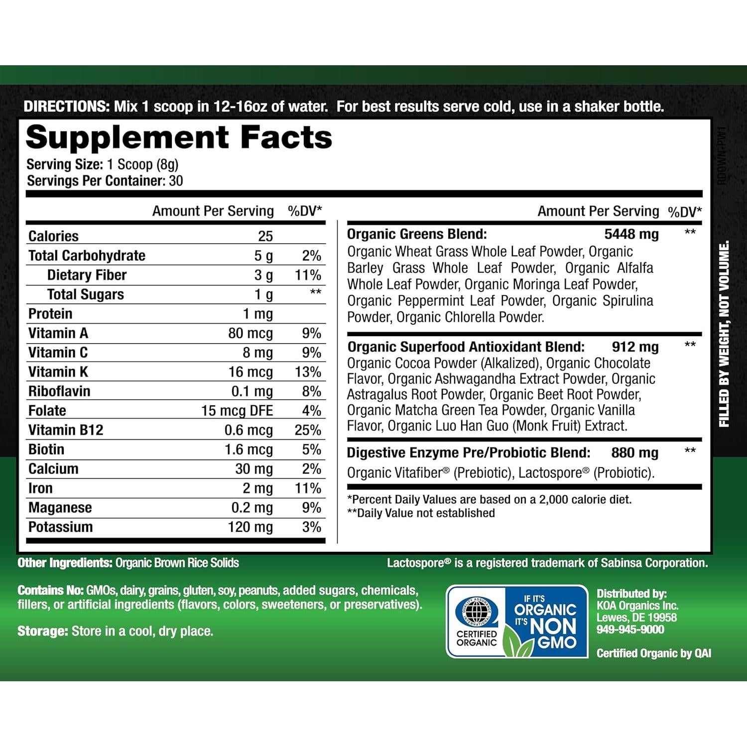 Polvo de Jugo Verde Orgánico KOA - 240g Superalimentos