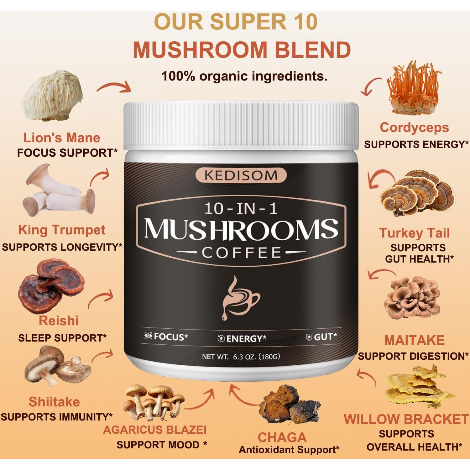 Café de Hongos KEDISOM 10 en 1 Instantáneo 180g - Energía y Enfoque