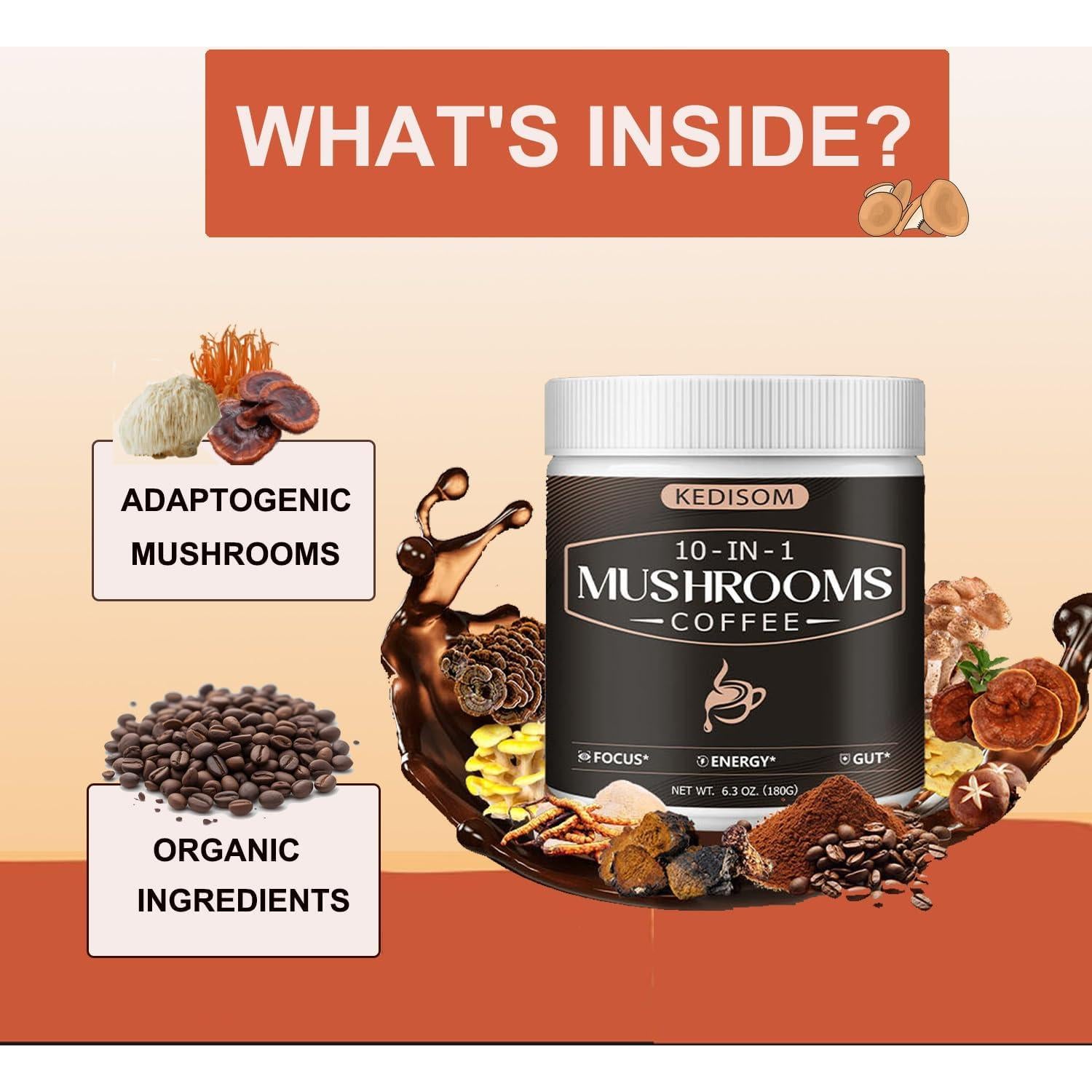 Café de Hongos KEDISOM 10 en 1 Instantáneo 180g - Energía y Enfoque