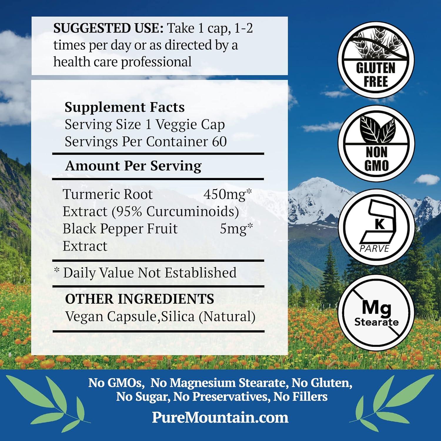 Cápsulas de Cúrcuma Veganas Kosher 450mg Pure Mountain 60 Unidades