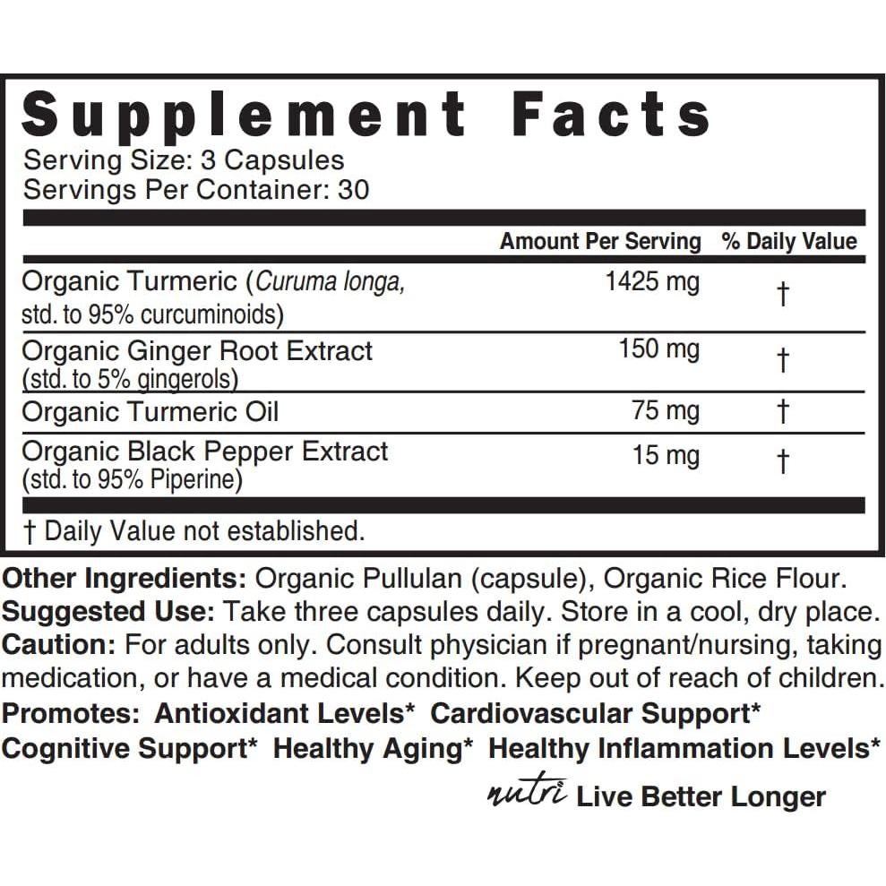 Suplemento de Cúrcuma Orgánica Nutri 1425mg - 90 Cápsulas
