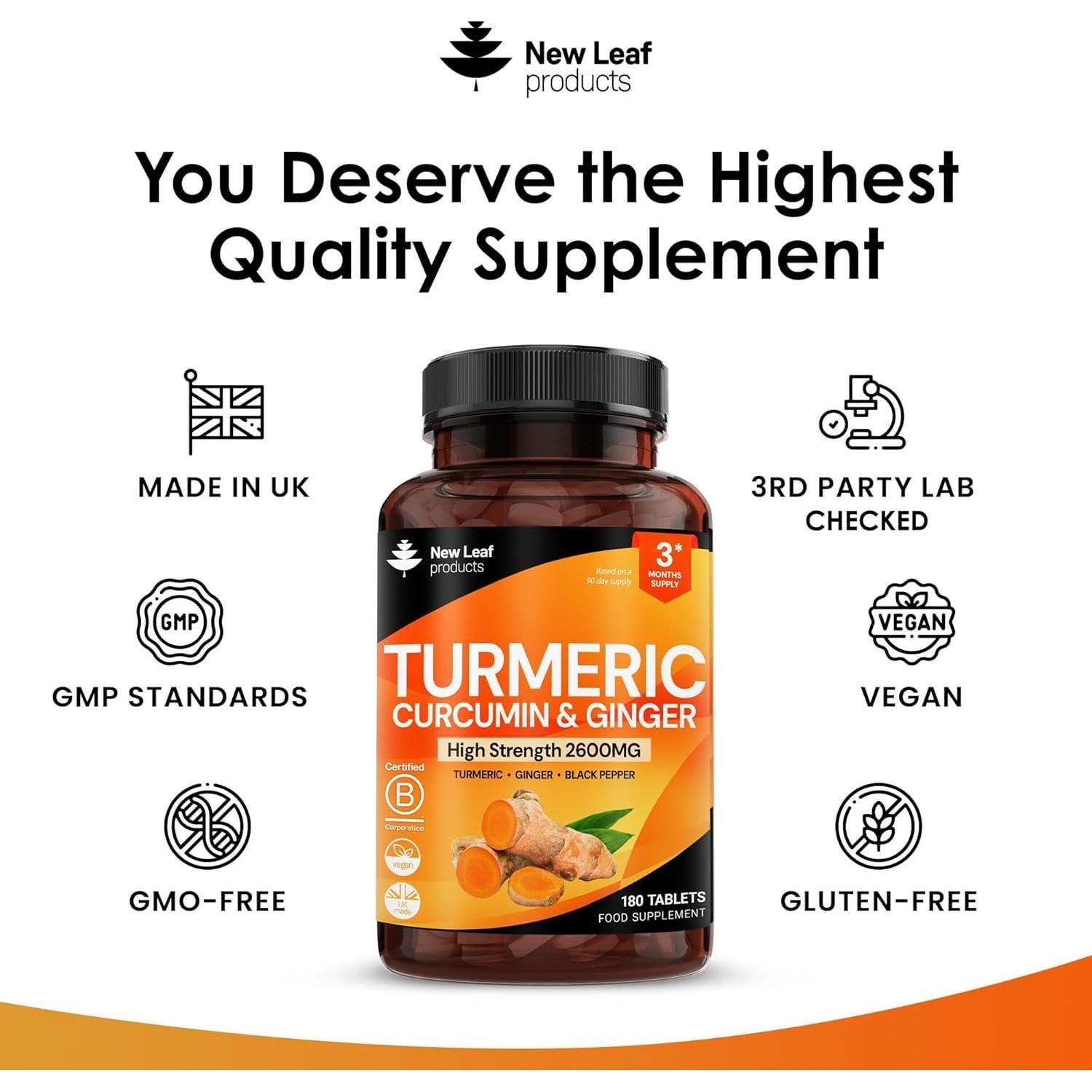 Tabletas de Cúrcuma y Jengibre New Leaf - 180 Tabletas