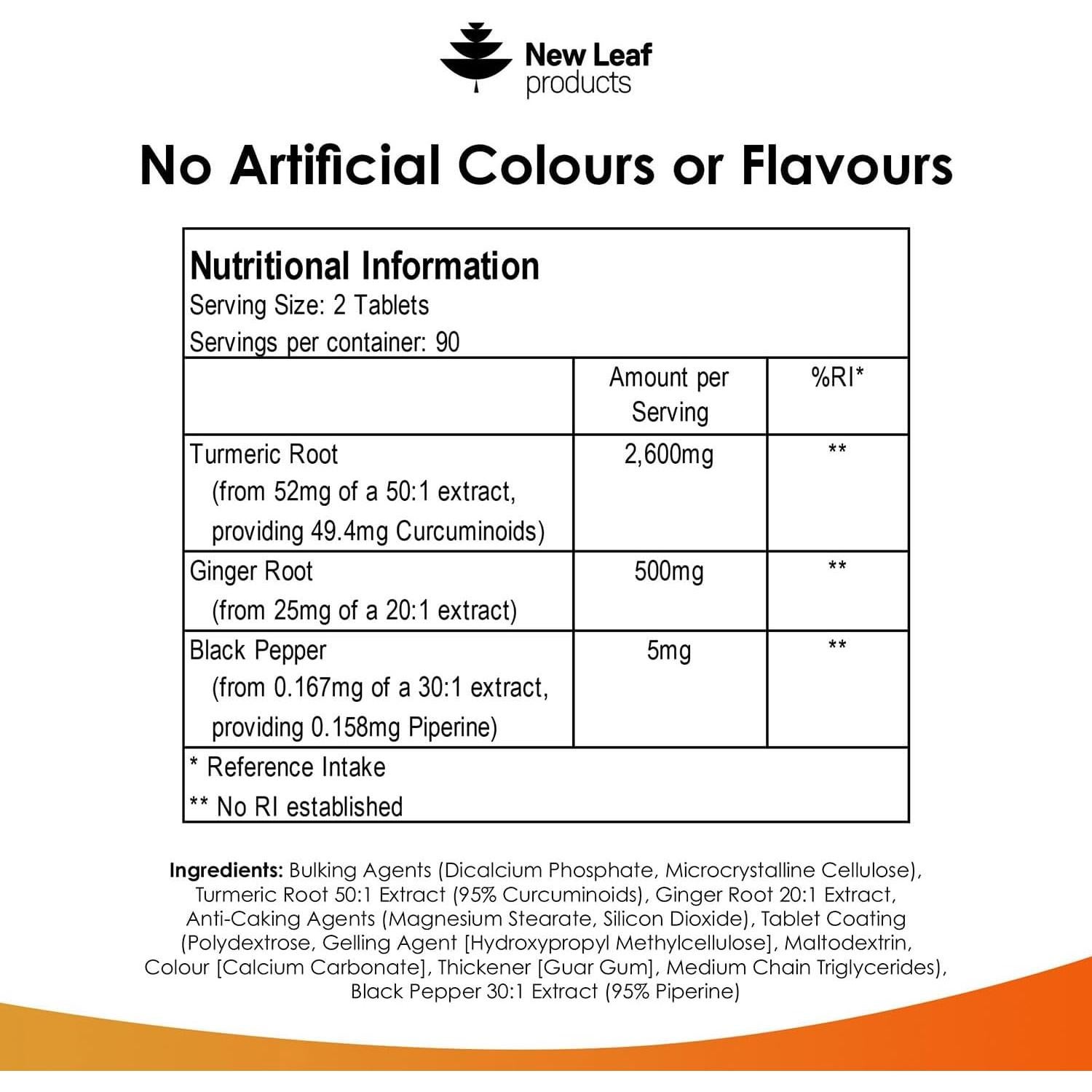 Tabletas de Cúrcuma y Jengibre New Leaf - 180 Tabletas