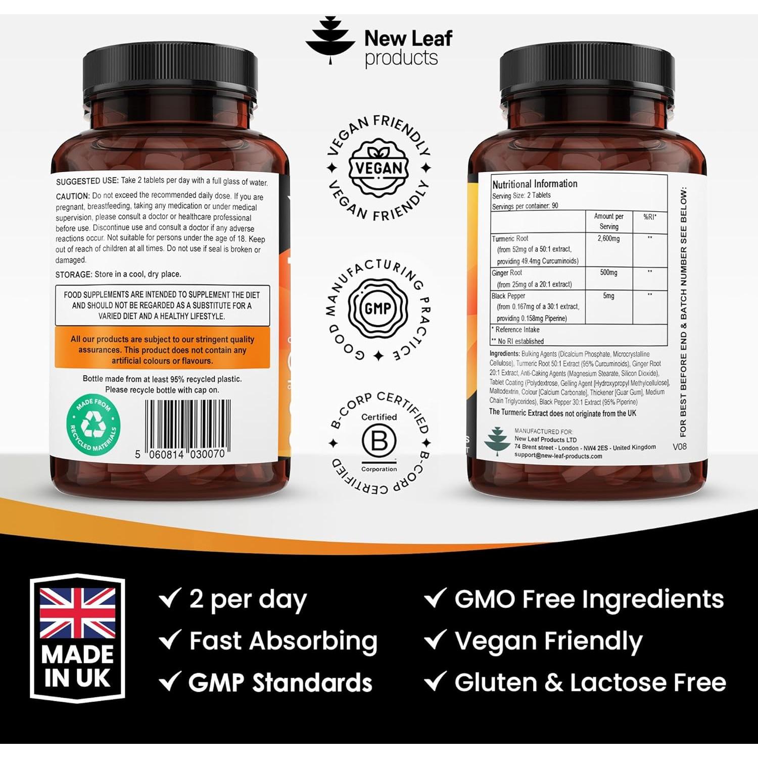 Tabletas de Cúrcuma y Jengibre New Leaf - 180 Tabletas