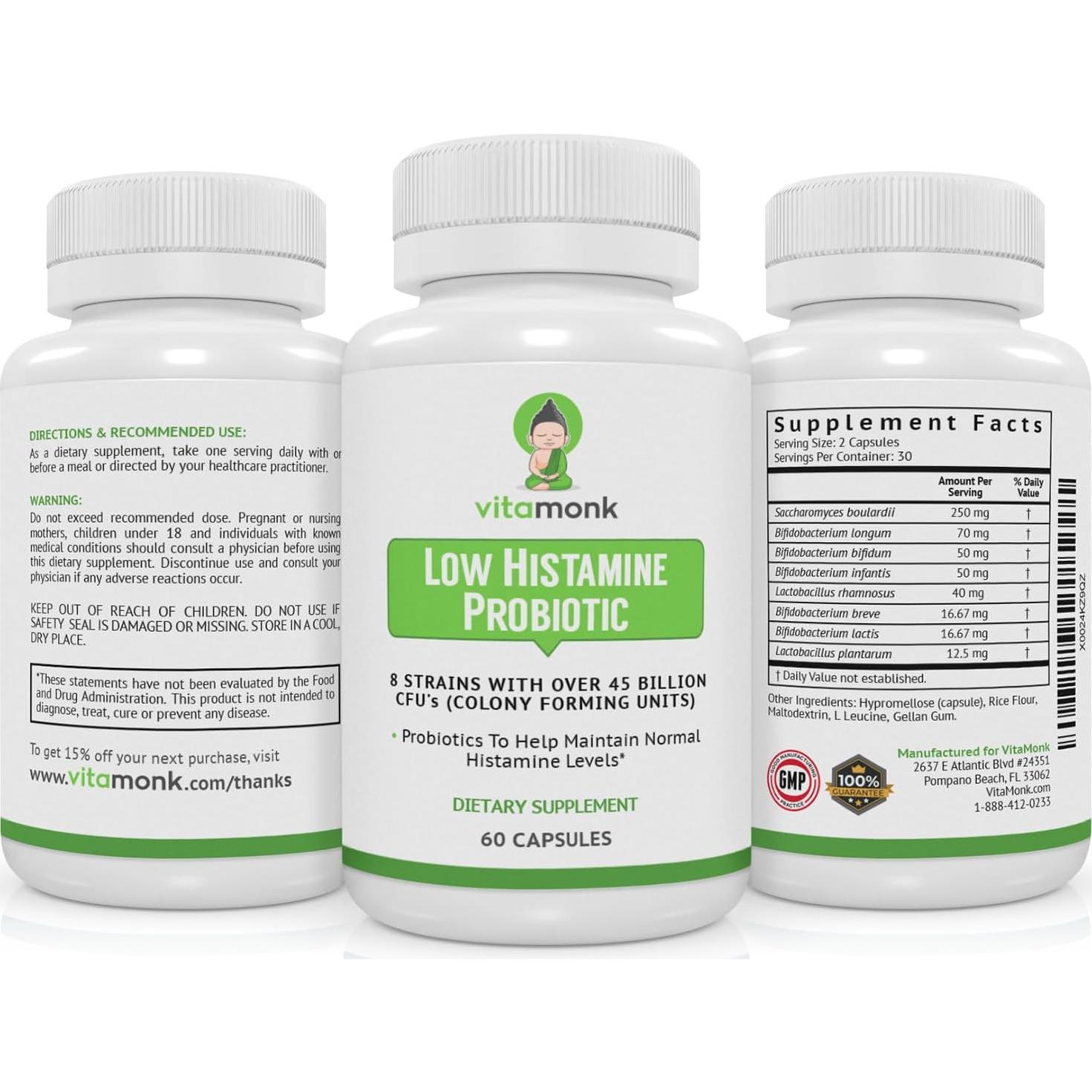 Probioticos VitaMonk Bajos en Histamina 60 Cápsulas 45 Mil Millones