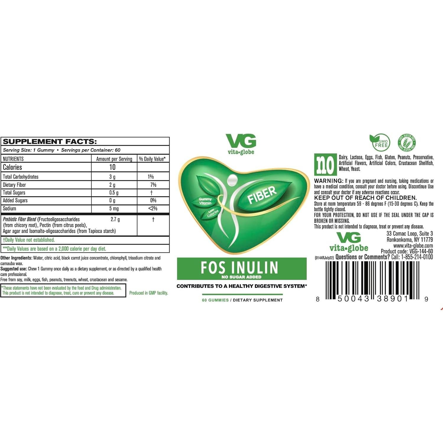 Gomas de Fibra Prebiótica Vita Globe 60 Unidades Sin Azúcar