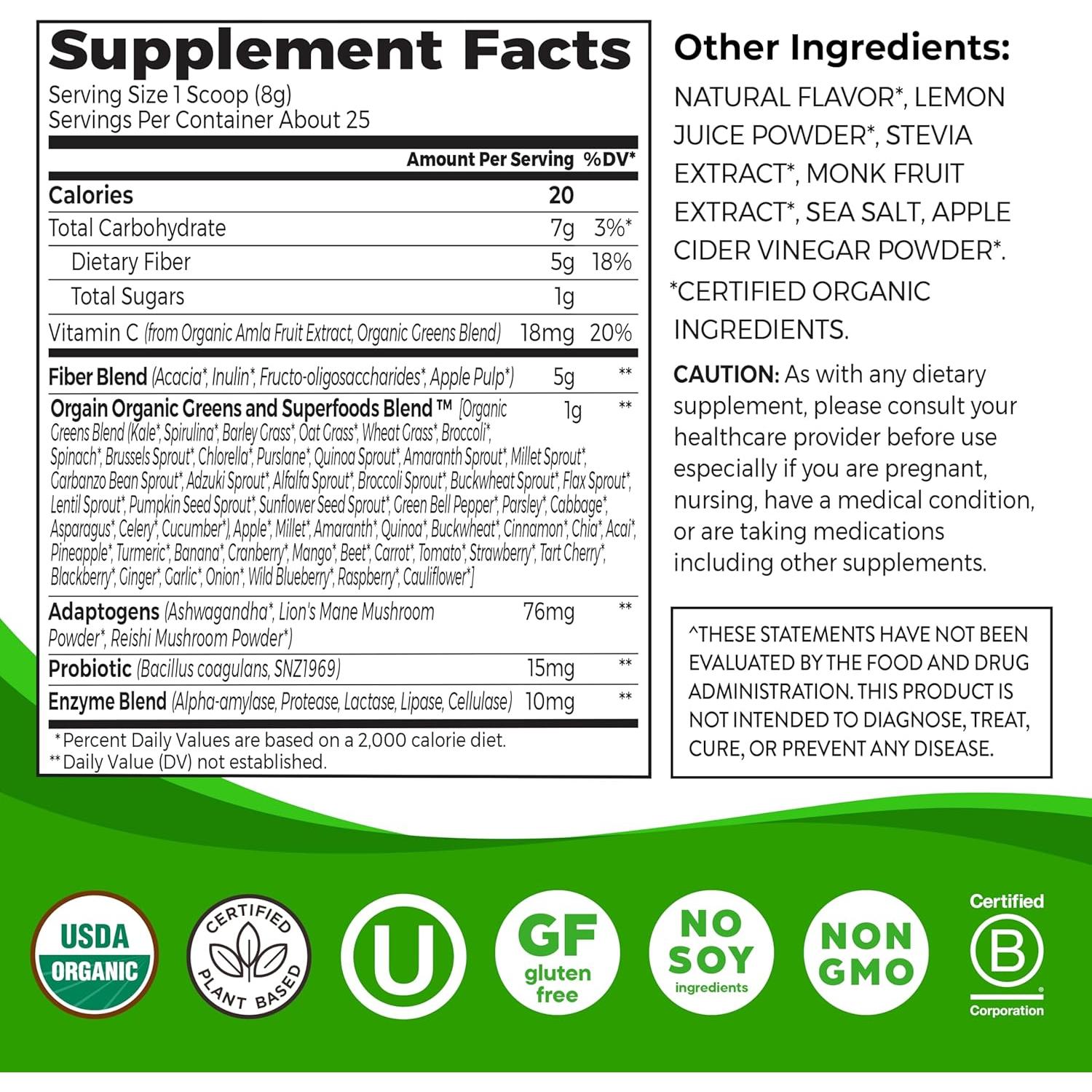 Suplemento de fibra Orgain Wonder Gut 200 g Limonada de fresa