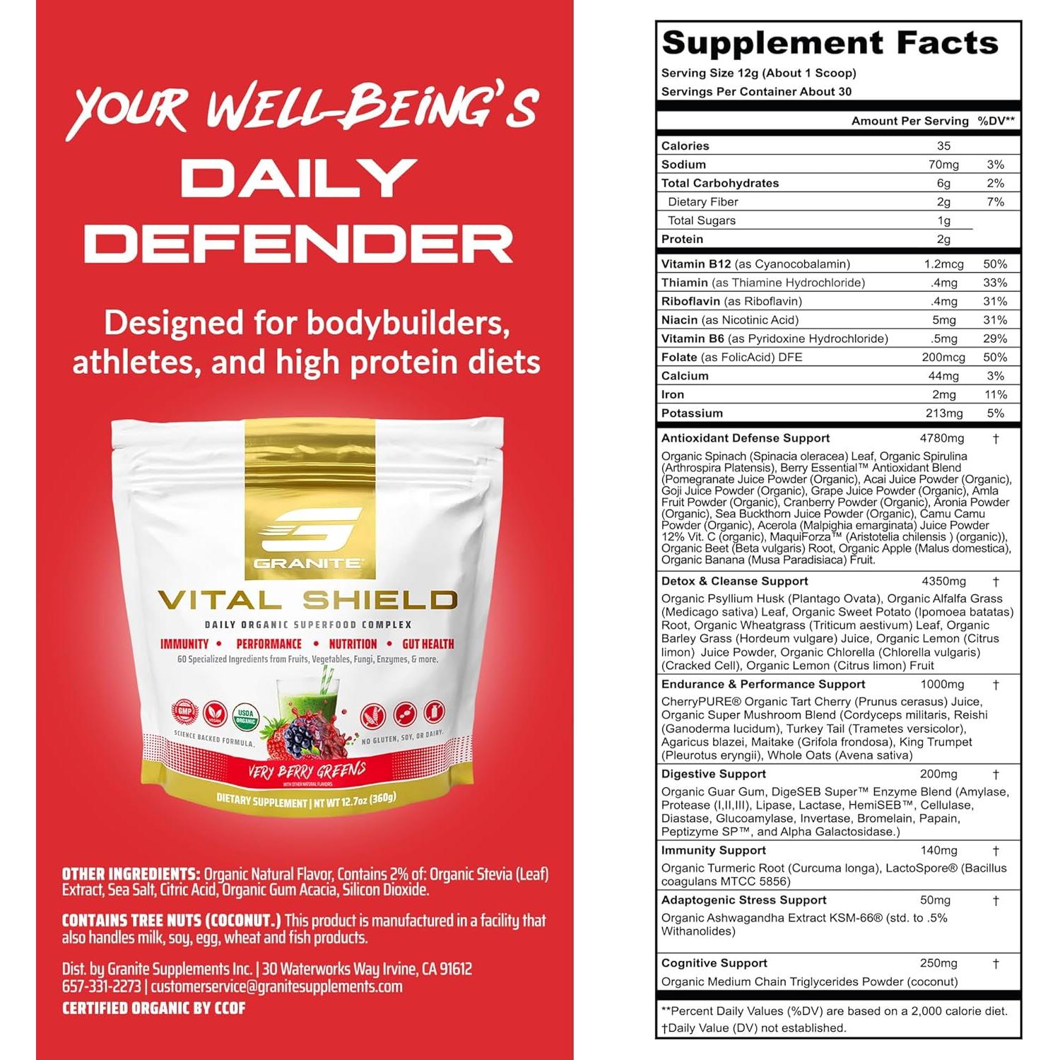 Granite Nutrition Vital Shield - Superalimento Verde Orgánico 30 Porciones