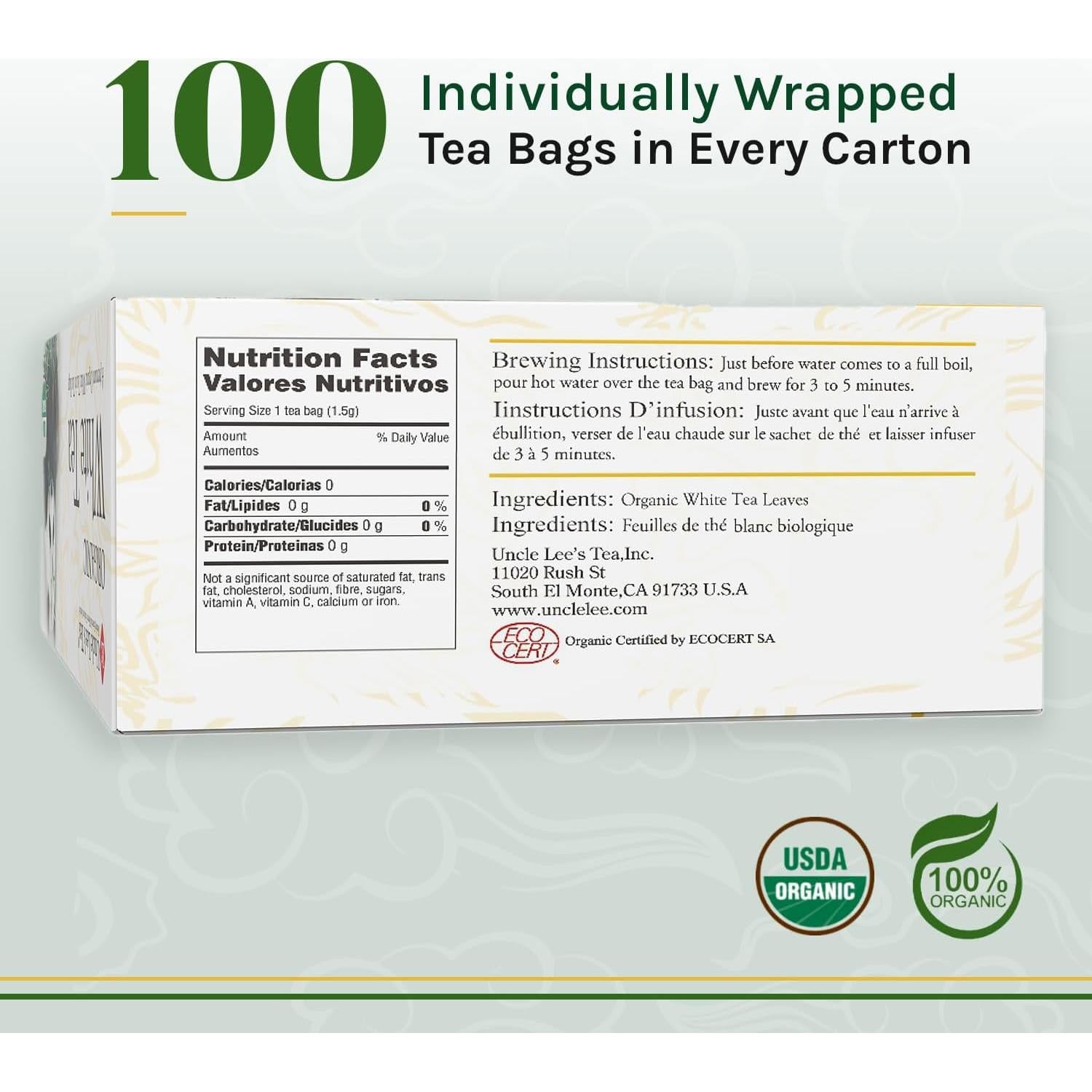 Té Blanco Orgánico Uncle Lee - 100 Bolsitas Premium Antioxidantes