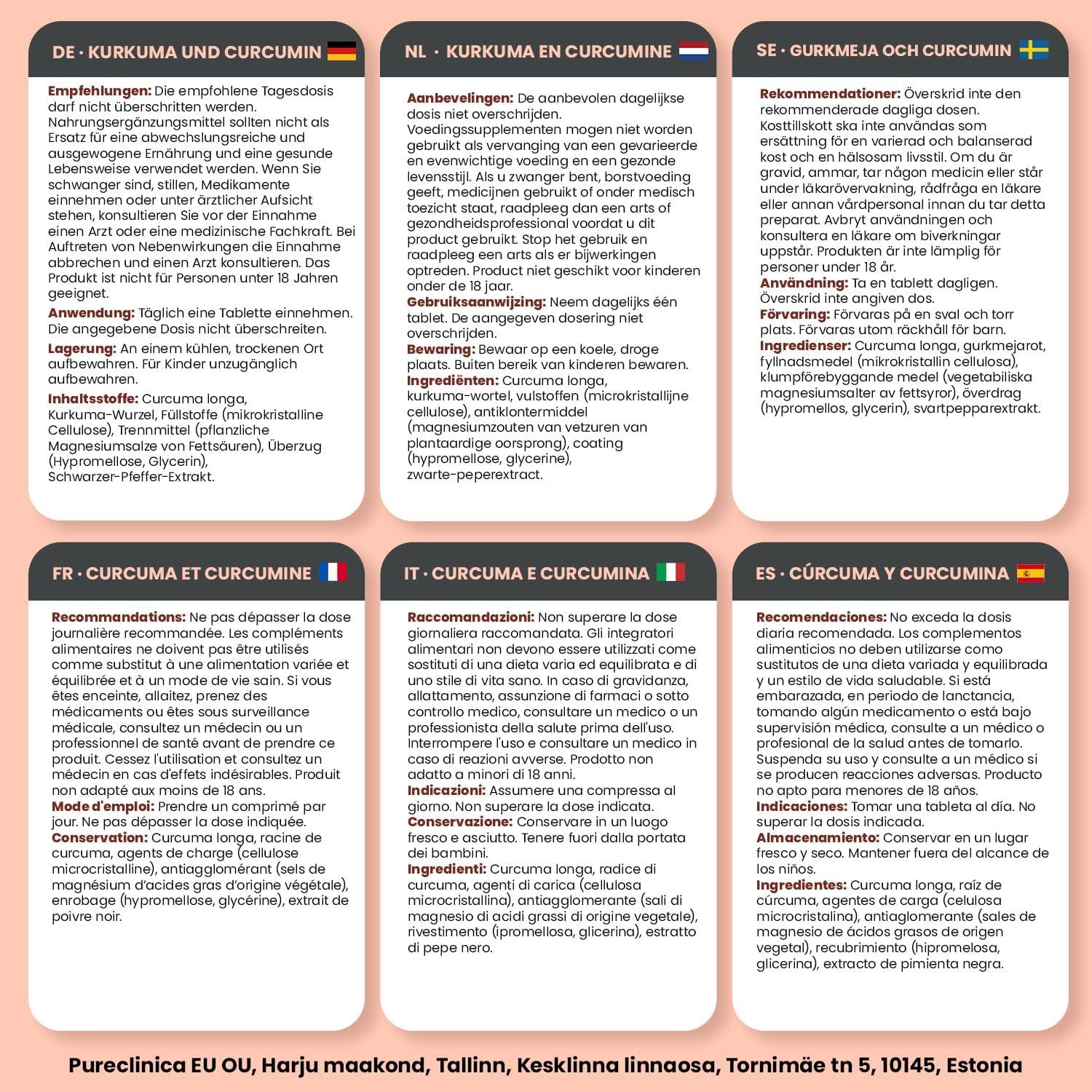 Cápsulas de Cúrcuma y Curcumina Pureclinica 1100mg x 180