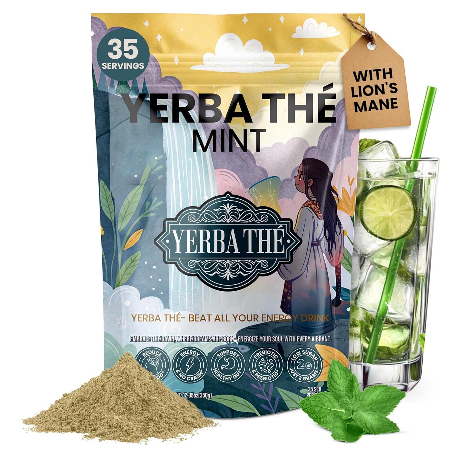 Yerba Mate Powder - Clean Energy & Focus - Organic Yerba Mate Tea 350g - Supports Gut Health with Probiotics & Prebiotics, Brain Fog Relief, Focus & Relaxation - Mint Flavor, 35 Servings