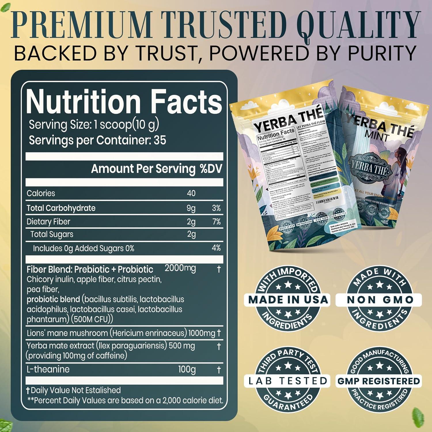 Yerba Mate Powder - Clean Energy & Focus - Organic Yerba Mate Tea 350g - Supports Gut Health with Probiotics & Prebiotics, Brain Fog Relief, Focus & Relaxation - Mint Flavor, 35 Servings