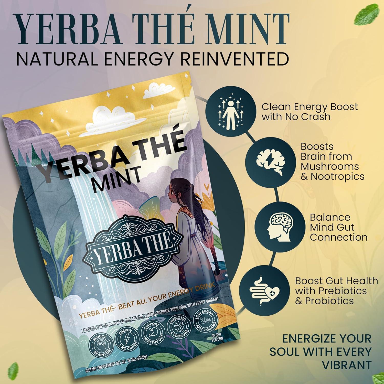 Yerba Mate Powder - Clean Energy & Focus - Organic Yerba Mate Tea 350g - Supports Gut Health with Probiotics & Prebiotics, Brain Fog Relief, Focus & Relaxation - Mint Flavor, 35 Servings