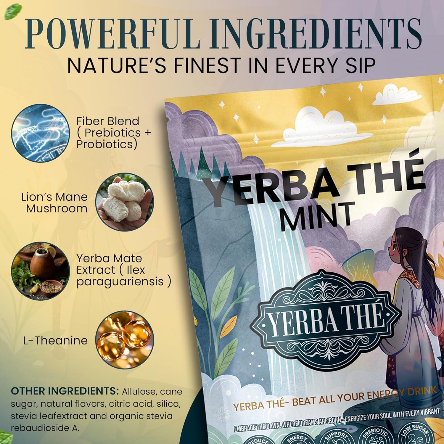 Yerba Mate Powder - Clean Energy & Focus - Organic Yerba Mate Tea 350g - Supports Gut Health with Probiotics & Prebiotics, Brain Fog Relief, Focus & Relaxation - Mint Flavor, 35 Servings