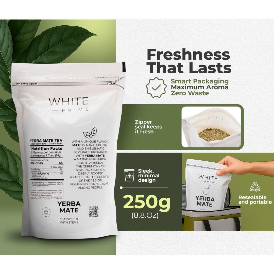 Yerba Mate Clásica con Palos WHITE Prime 250g - 100% Natural