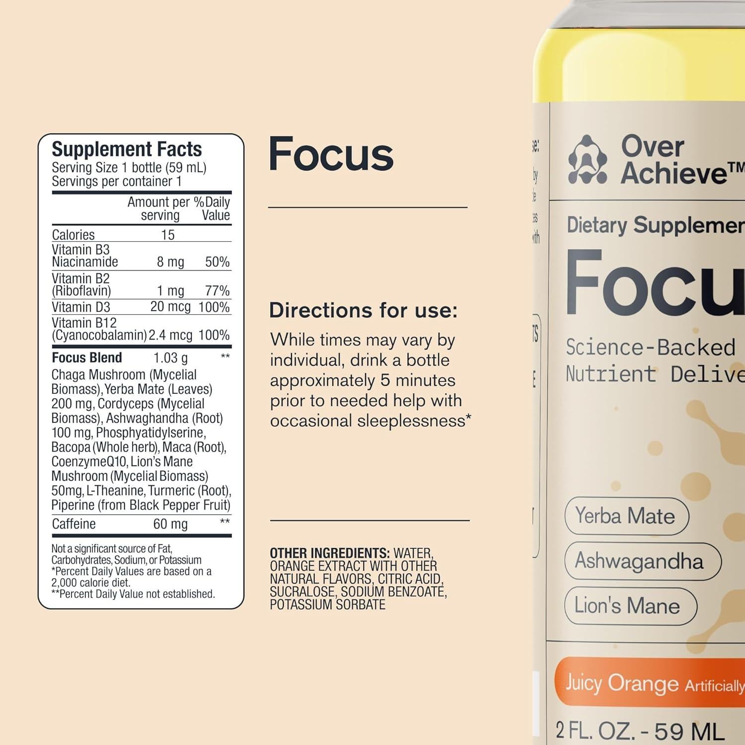 Bebida Nootrópica Focus Overachieve - Yerba Mate y Ashwagandha - 3x60ml