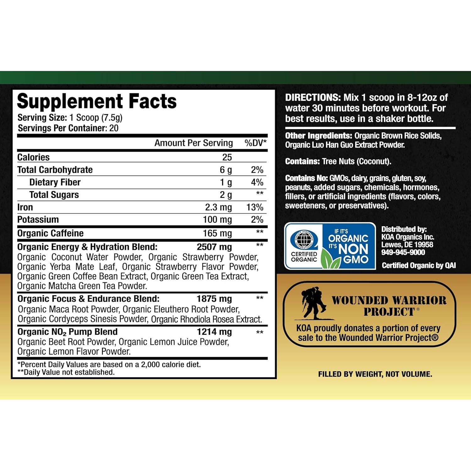 Polvo Pre Entrenamiento Orgánico KOA 150g - Energizante Natural