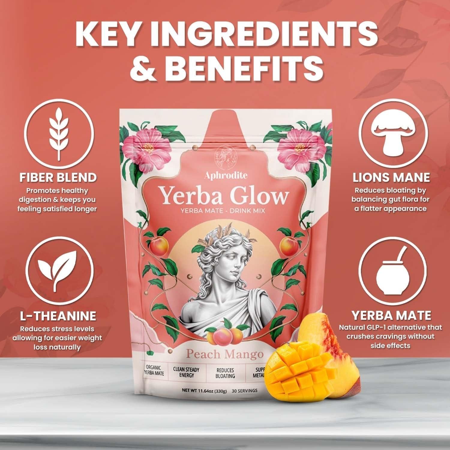 Yerba Glow APHRODITE Bebida Energética en Polvo Durazno Mango 30 Porciones