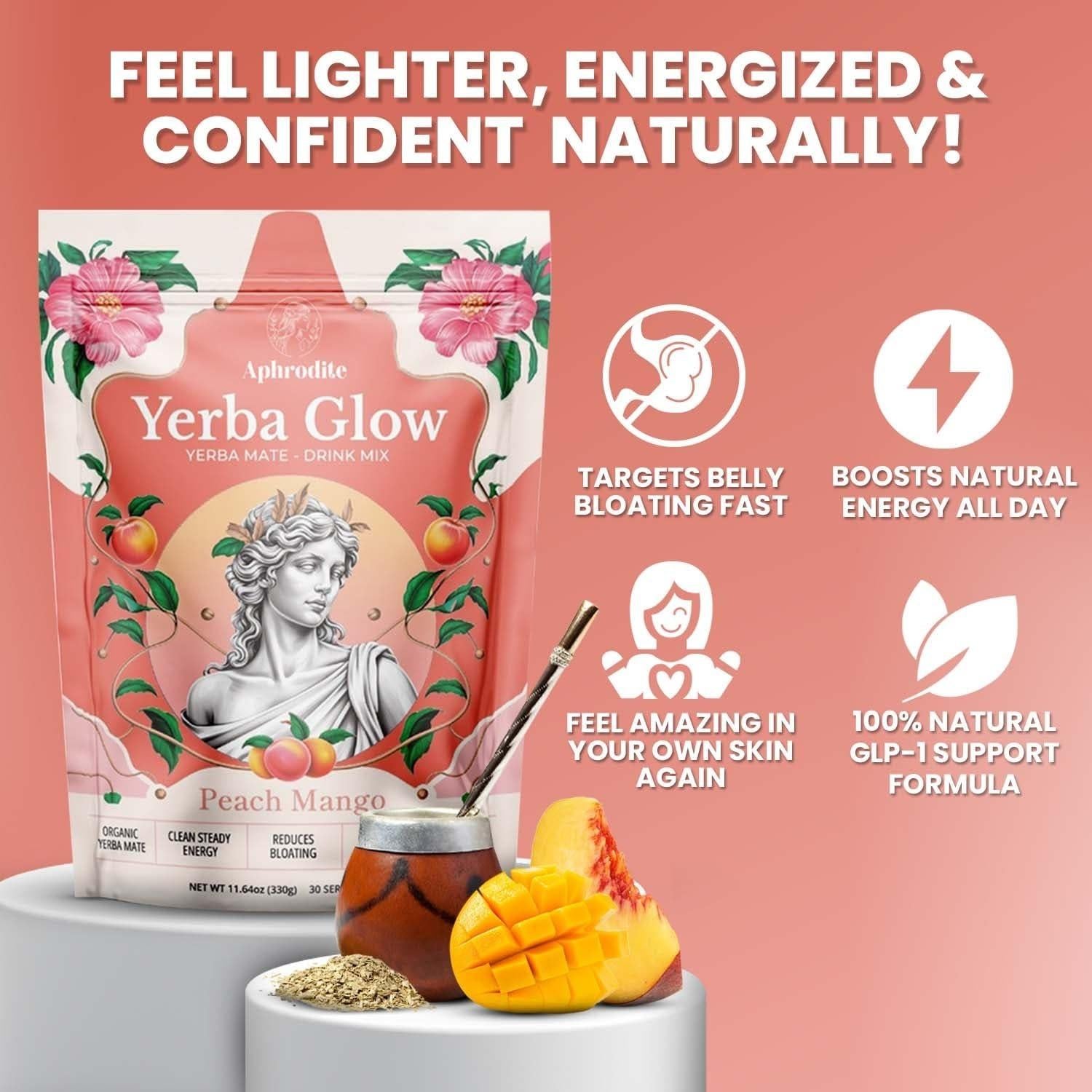 Yerba Glow APHRODITE Bebida Energética en Polvo Durazno Mango 30 Porciones