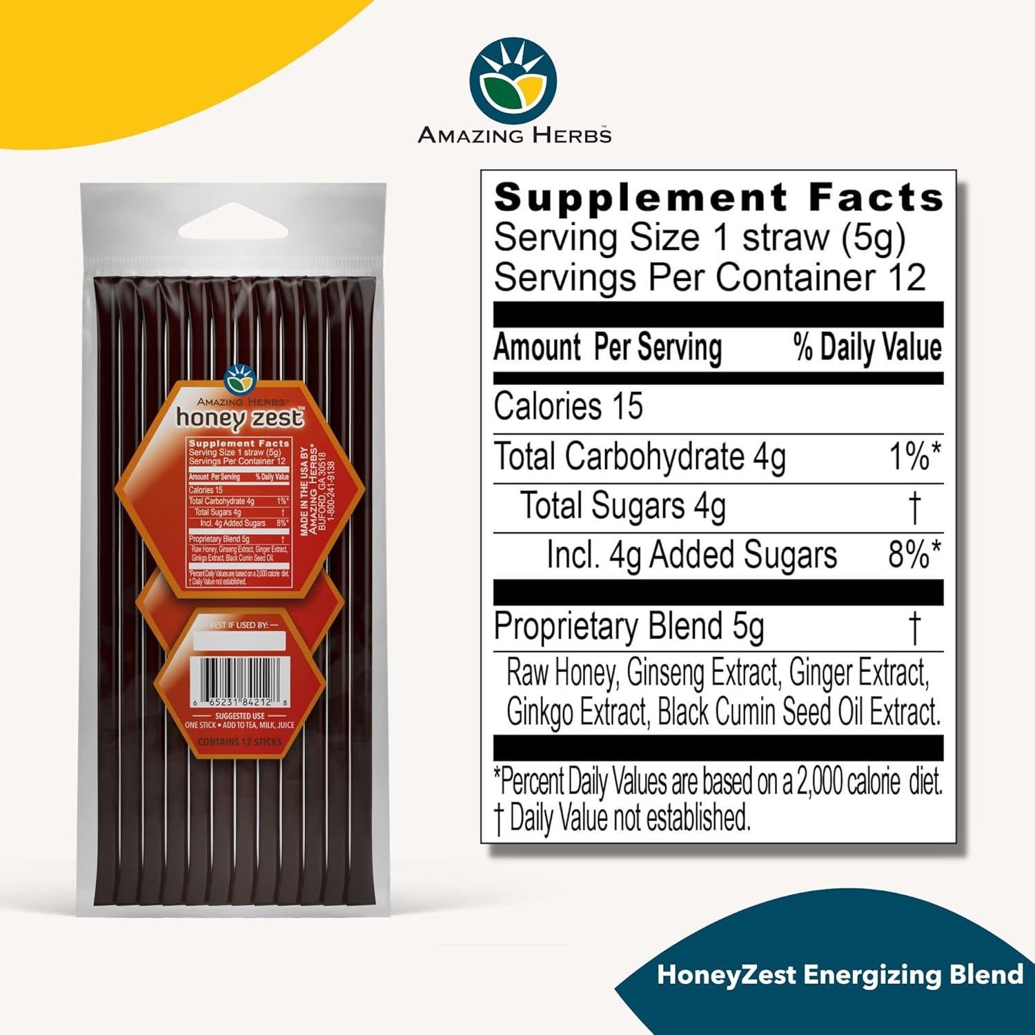 Miel Cruda Herbal Infundida HoneyZest con Ginseng y Jengibre 68g